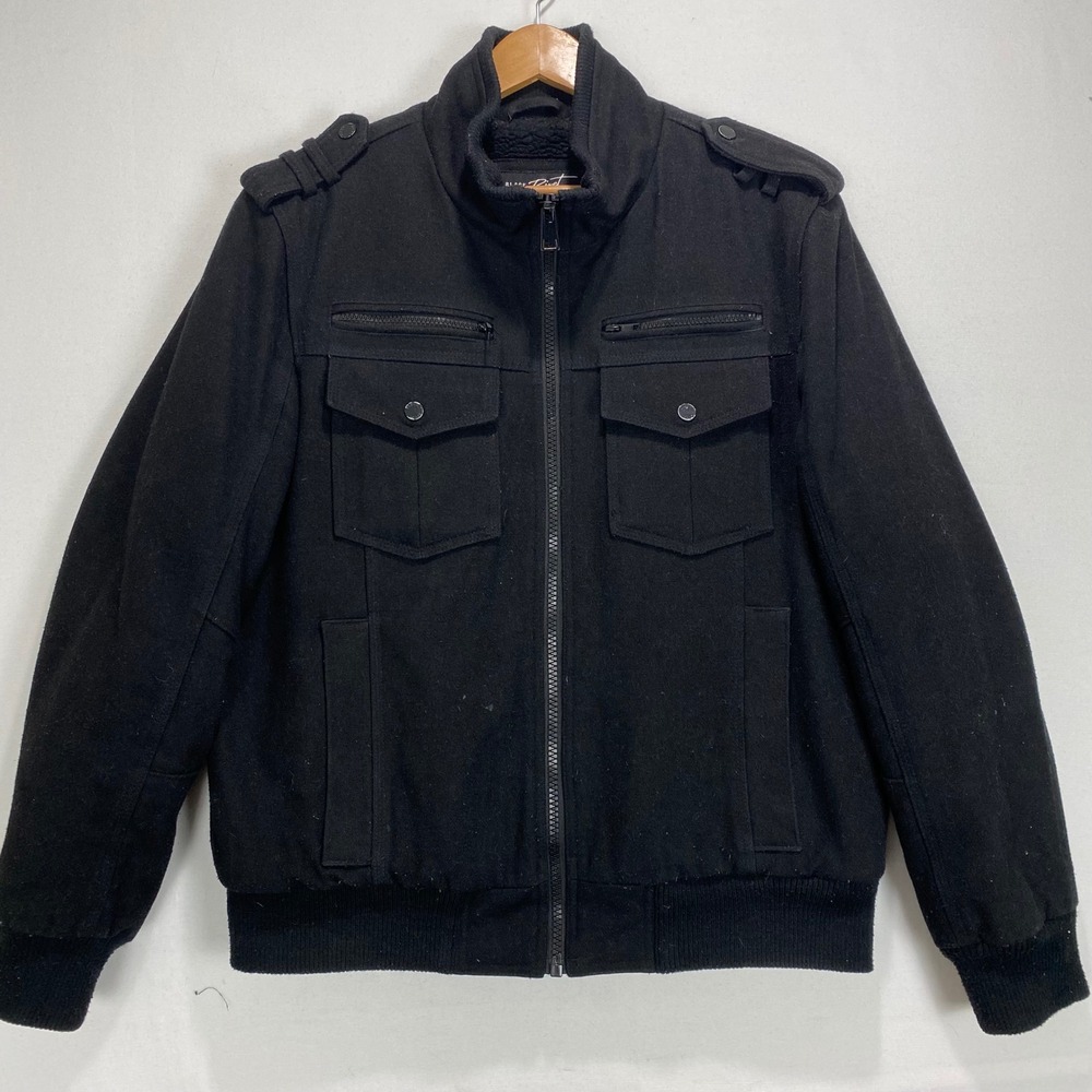 Black Rivet Men's Wool Blend‎ Bomber Jacket Size L Military Pockets Zip Front